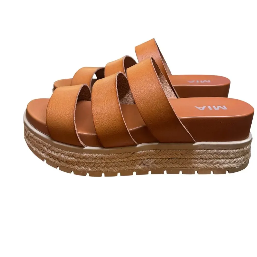 MIA Kaz Women's 9 Cognac Platform Espadrille Sandals 3 Straps Comfort